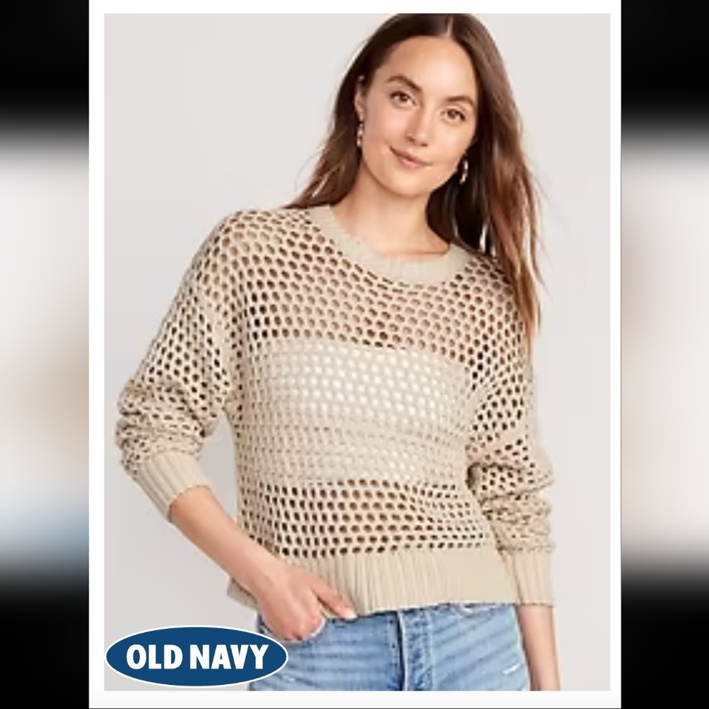 Old Navy Sweater Open Net Pullover Natural Wheat Tan Cotton Small Tall Beach